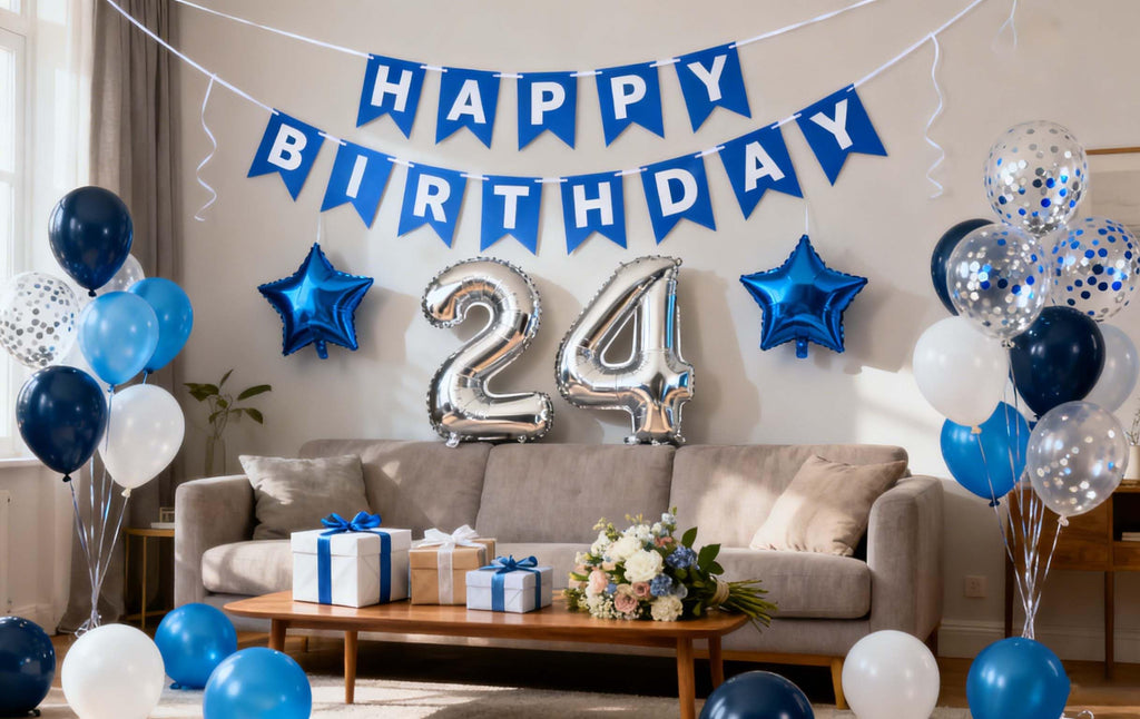 Blue 24th Birthday Decoration Set for Men – 31 Pieces with Banner, Foil & Latex Balloons