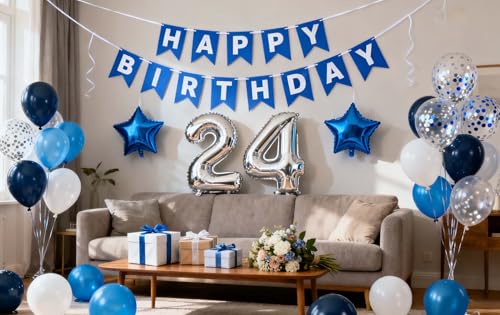 Blue 24th Birthday Decoration Set for Men – 31 Pieces with Banner, Foil & Latex Balloons