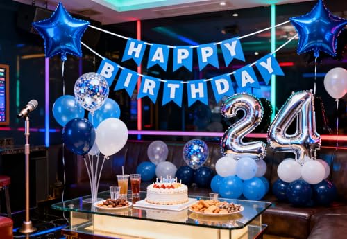 Blue 24th Birthday Decoration Set for Men – 31 Pieces with Banner, Foil & Latex Balloons