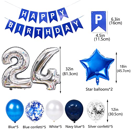Blue 24th Birthday Decoration Set for Men – 31 Pieces with Banner, Foil & Latex Balloons