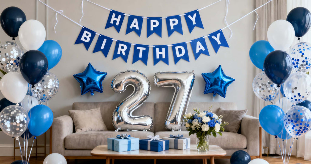Blue 27th Birthday Decoration Set for Men – 31-Piece Banner, Foil & Latex Balloons