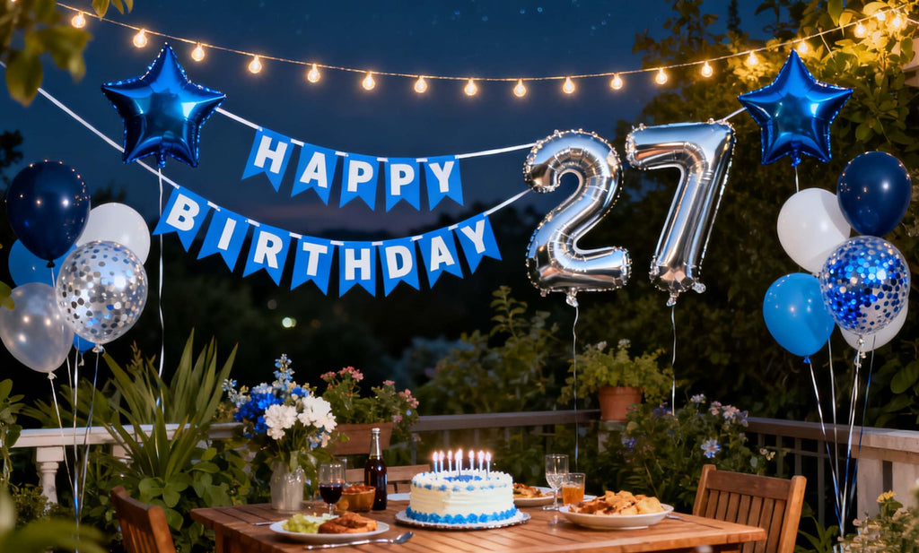 Blue 27th Birthday Decoration Set for Men – 31-Piece Banner, Foil & Latex Balloons