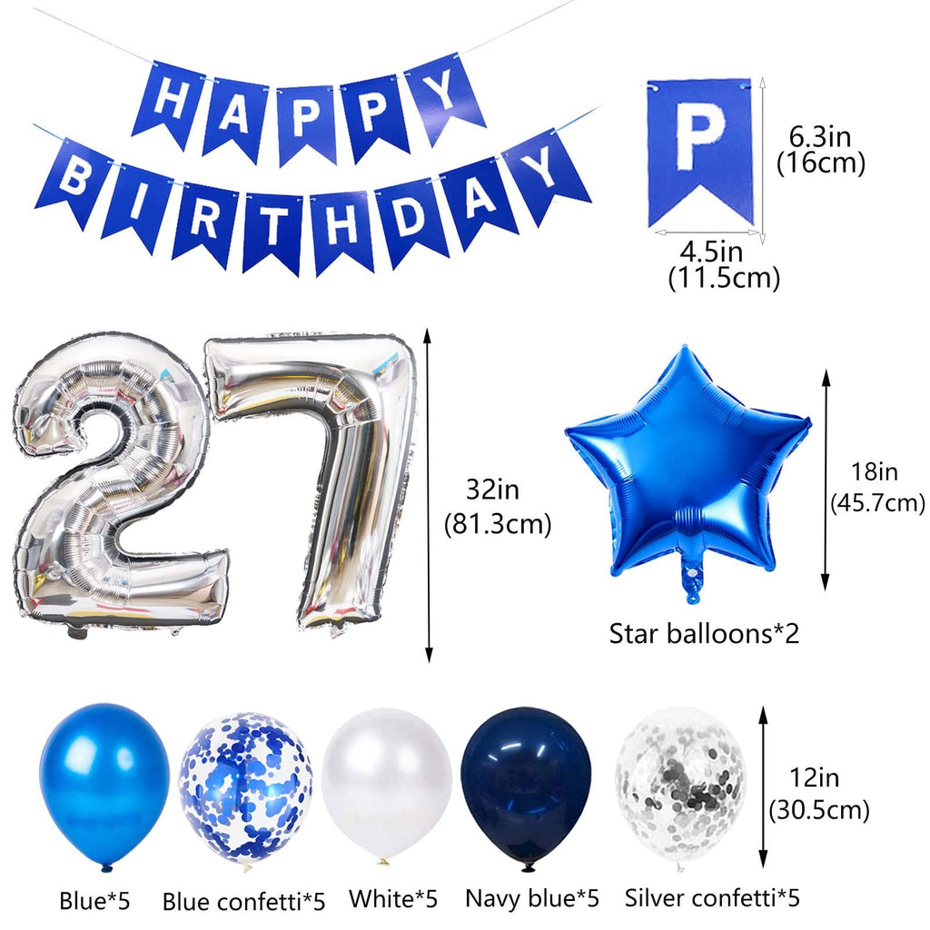 Blue 27th Birthday Decoration Set for Men – 31-Piece Banner, Foil & Latex Balloons