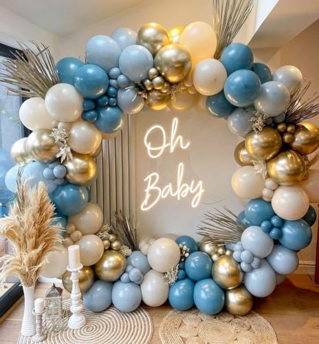 Blue Balloon Arch Kit – 165 Pieces Dusty Blue, Ocean Blue & Gold Balloons for Baby Shower or Birthday Party