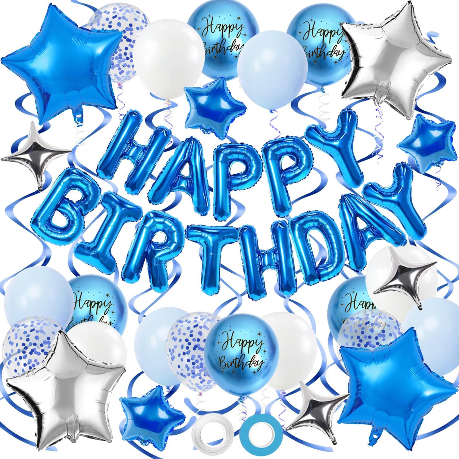 Blue Birthday Party Decorations Kit – Foil Banner, Star & Confetti Balloons, Hanging Swirls