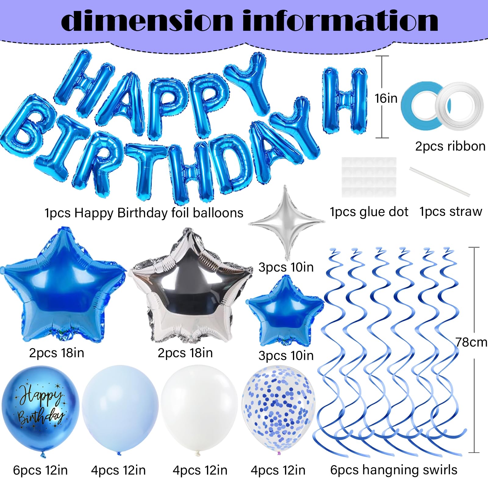 Blue Birthday Party Decorations Kit – Foil Banner, Star & Confetti Balloons, Hanging Swirls