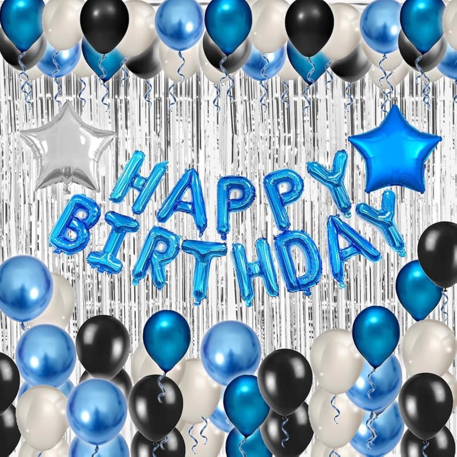 Blue & Black 49-Piece Birthday Party Decoration Kit for Men – Banner, Fringe Curtains, Balloons