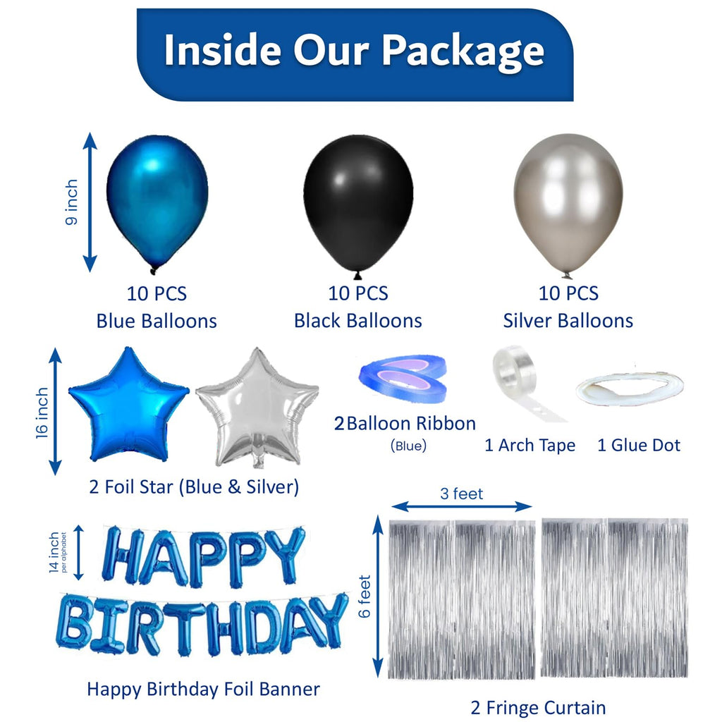 Blue & Black 49-Piece Birthday Party Decoration Kit for Men – Banner, Fringe Curtains, Balloons