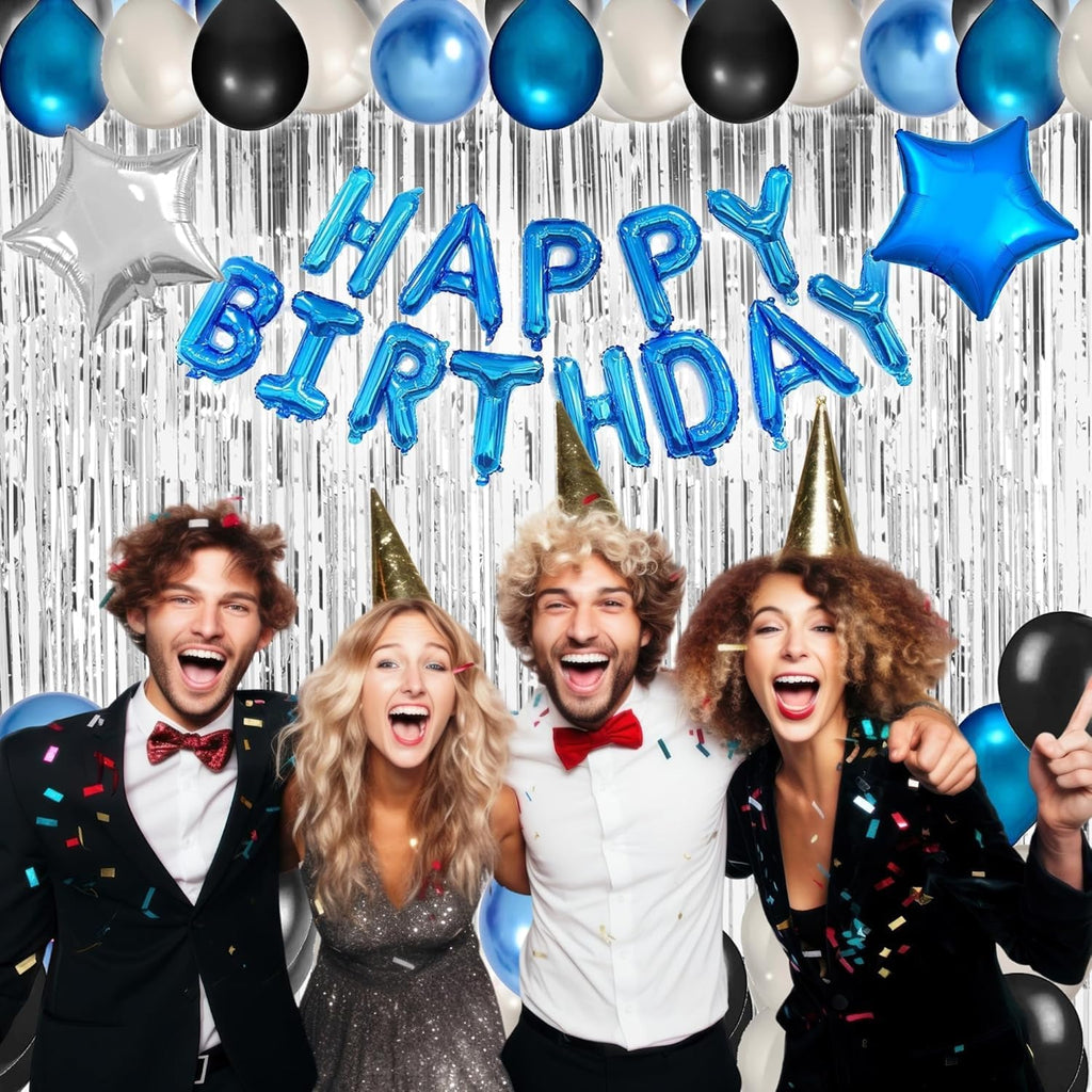 Blue & Black 49-Piece Birthday Party Decoration Kit for Men – Banner, Fringe Curtains, Balloons