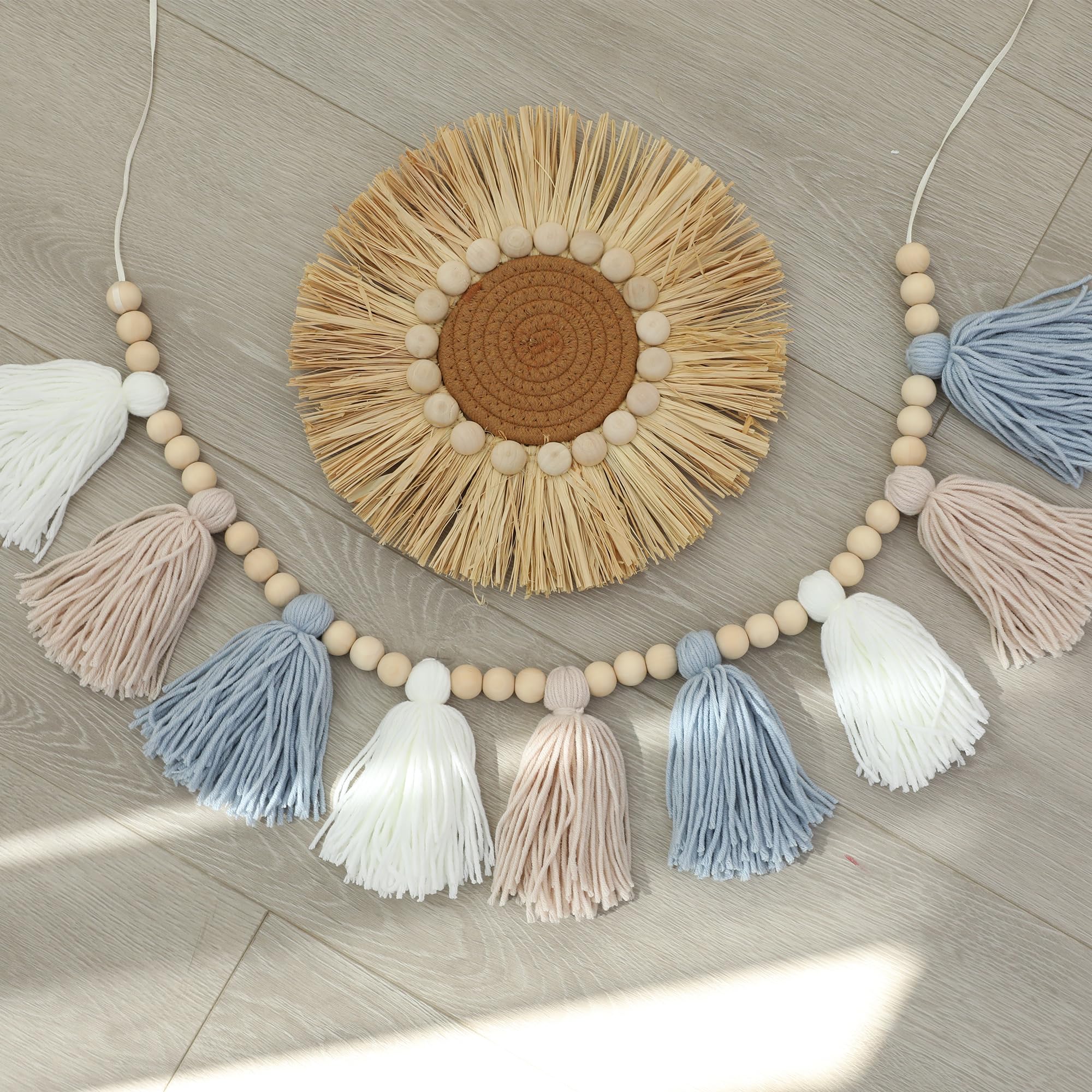 Blue Boho Tassel Garland with Wood Beads – Baby Boy Shower Decor, Handmade Cotton Yarn
