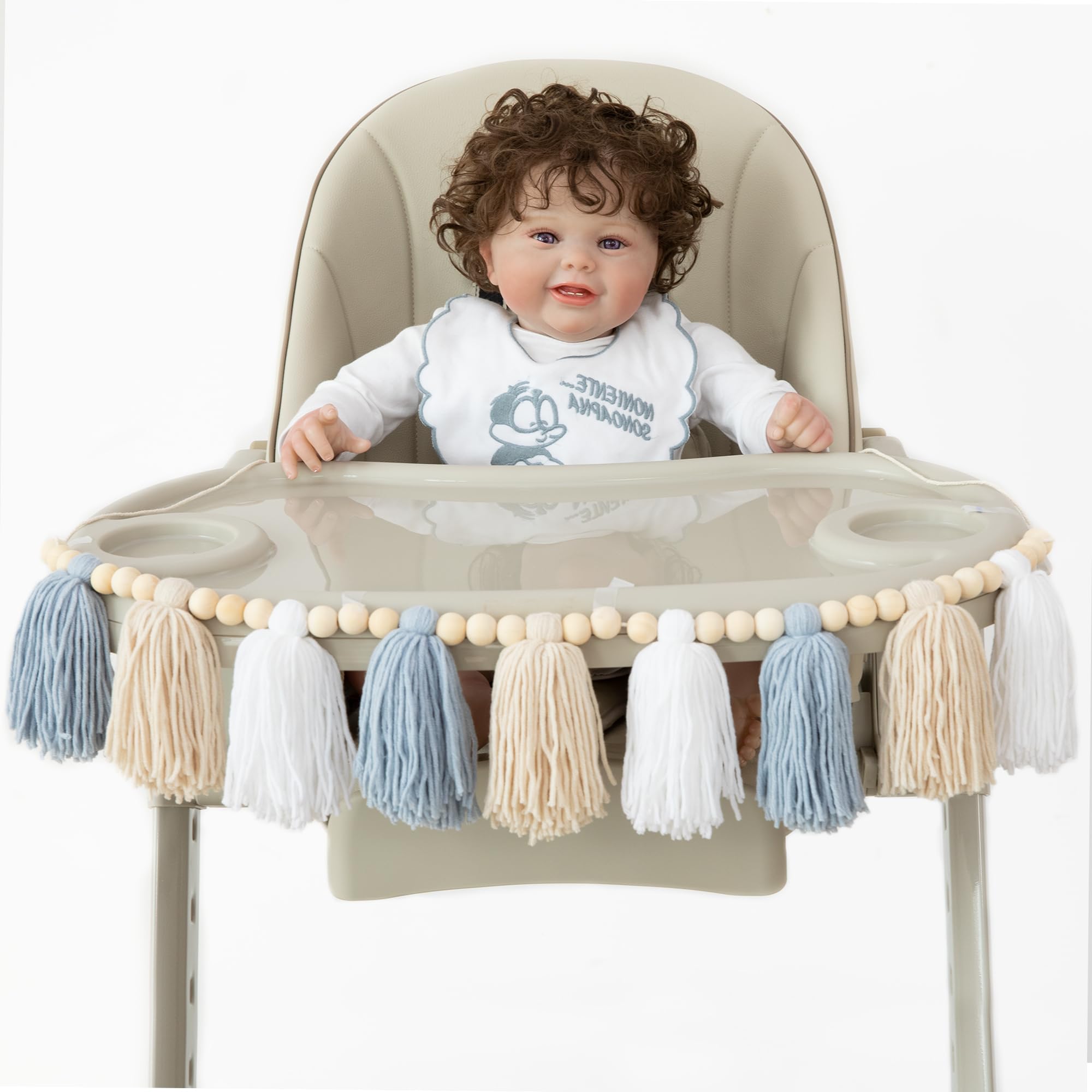 Blue Boho Tassel Garland with Wood Beads – Baby Boy Shower Decor, Handmade Cotton Yarn