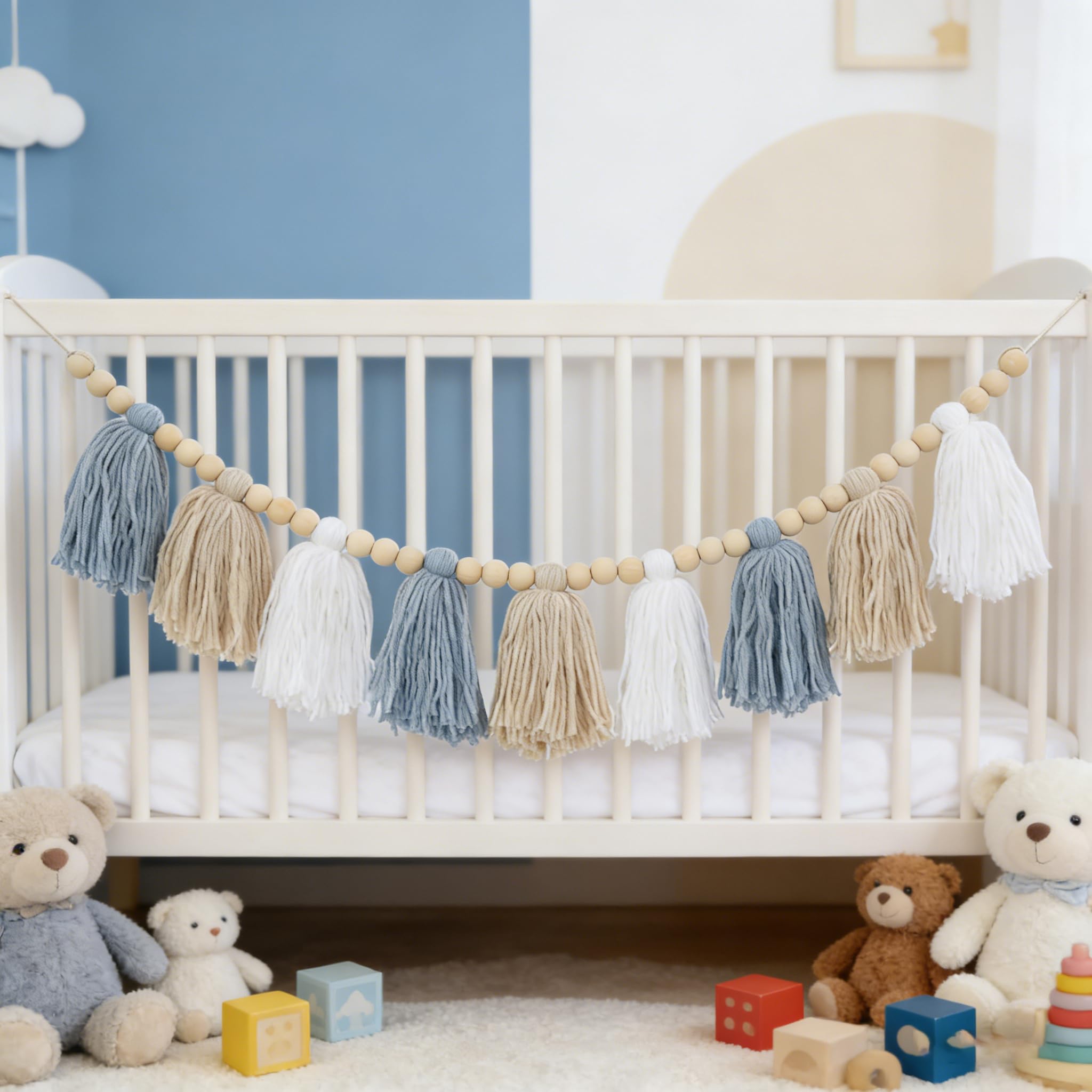Blue Boho Tassel Garland with Wood Beads – Baby Boy Shower Decor, Handmade Cotton Yarn