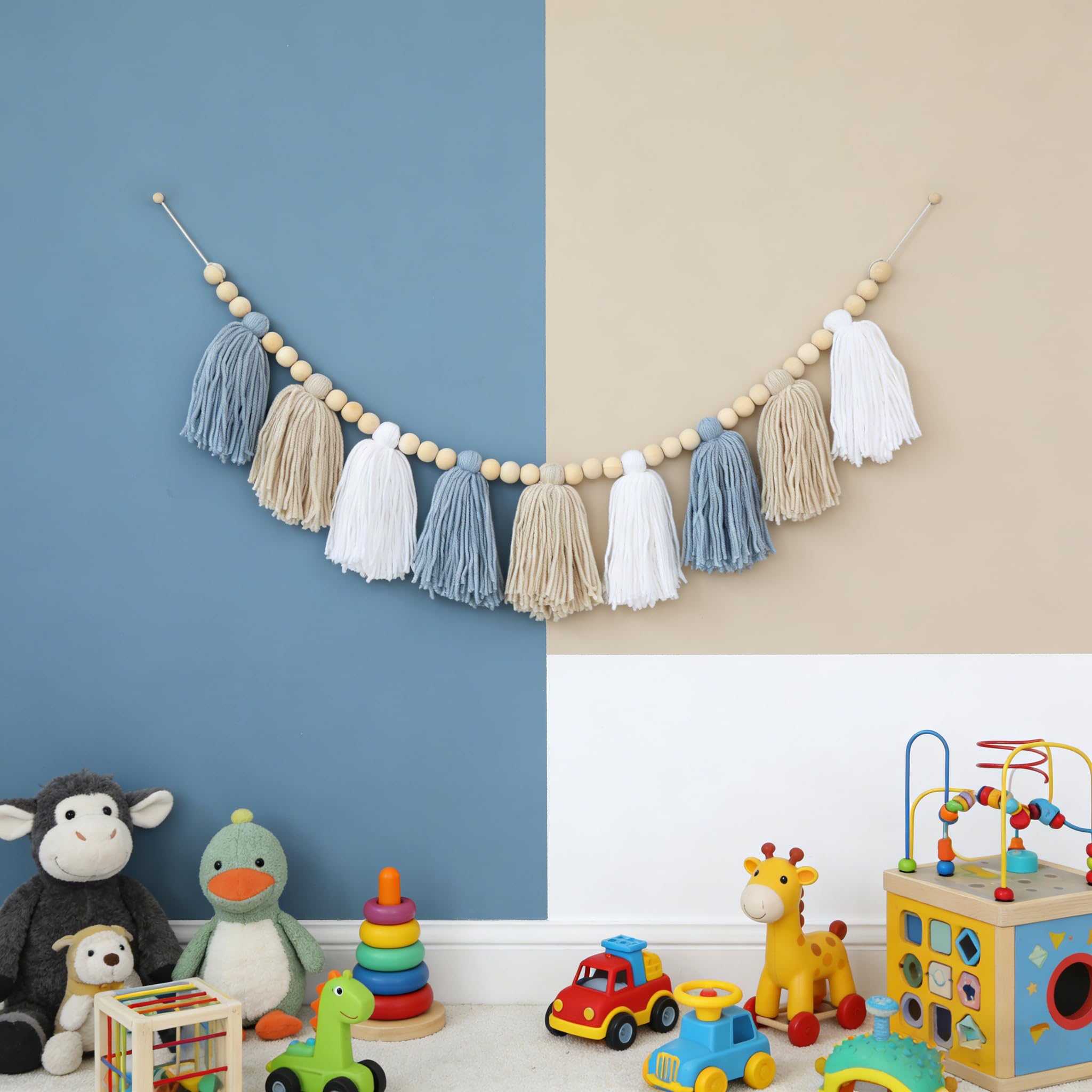 Blue Boho Tassel Garland with Wood Beads – Baby Boy Shower Decor, Handmade Cotton Yarn