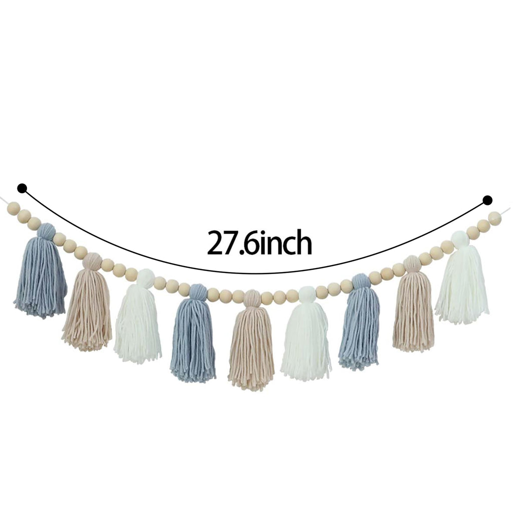 Blue Boho Tassel Garland with Wood Beads – Baby Boy Shower Decor, Handmade Cotton Yarn