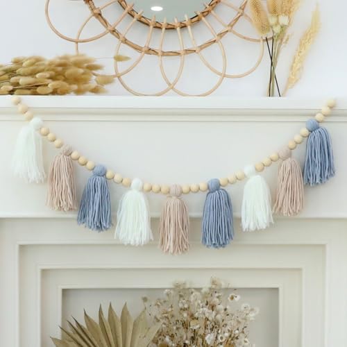 Blue Boho Tassel Garland with Wood Beads – Baby Boy Shower Decor, Handmade Cotton Yarn