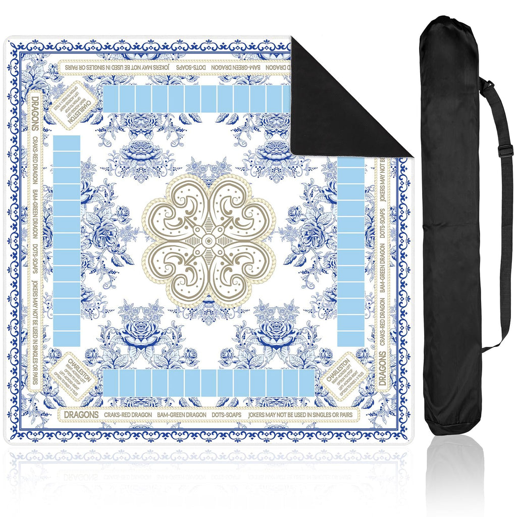 Blue Chinoiserie Mahjong Mat with Black Carrying Bag – 31.5x31.5 Inch Non-Slip Game Table Cover for Mahjong, Poker, Card & Dominoes