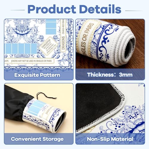 Blue Chinoiserie Mahjong Mat with Black Carrying Bag – 31.5x31.5 Inch Non-Slip Game Table Cover for Mahjong, Poker, Card & Dominoes