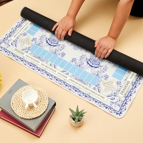 Blue Chinoiserie Mahjong Mat with Black Carrying Bag – 31.5x31.5 Inch Non-Slip Game Table Cover for Mahjong, Poker, Card & Dominoes