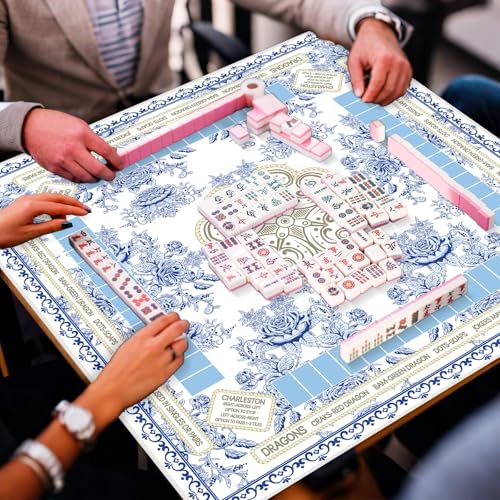 Blue Chinoiserie Mahjong Mat with Black Carrying Bag – 31.5x31.5 Inch Non-Slip Game Table Cover for Mahjong, Poker, Card & Dominoes