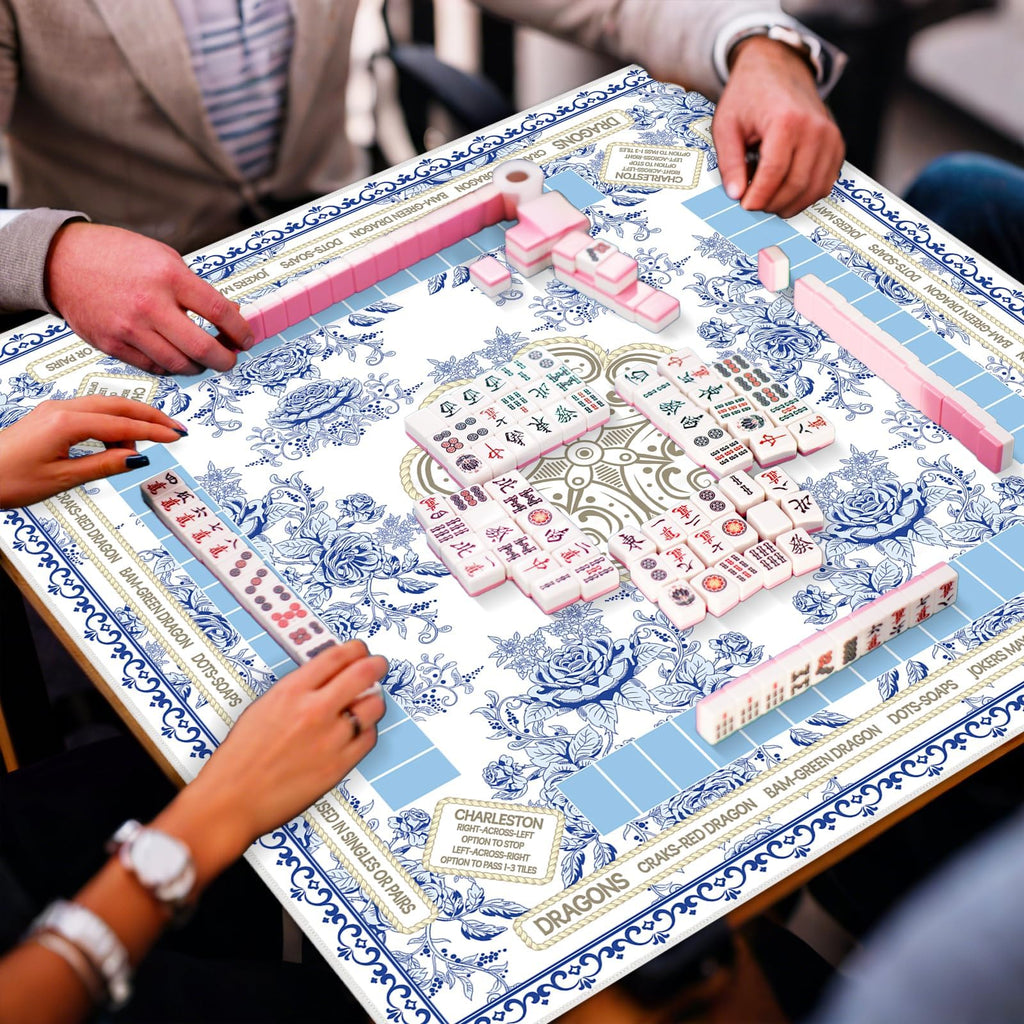 Blue Chinoiserie Mahjong Mat with Black Carrying Bag – 31.5x31.5 Inch Non-Slip Game Table Cover for Mahjong, Poker, Card & Dominoes
