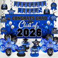 Blue Class of 2026 Graduation Decorations Kit - Backdrop, Swirls, Honeycomb Centerpieces & Balloons