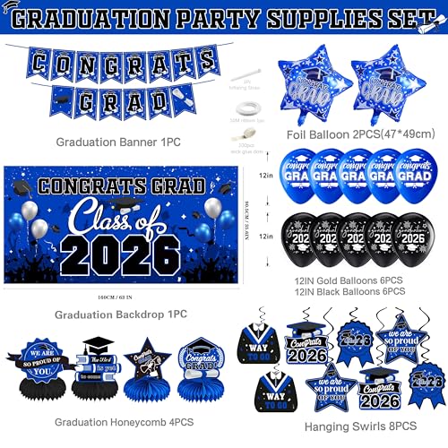 Blue Class of 2026 Graduation Decorations Kit - Backdrop, Swirls, Honeycomb Centerpieces & Balloons