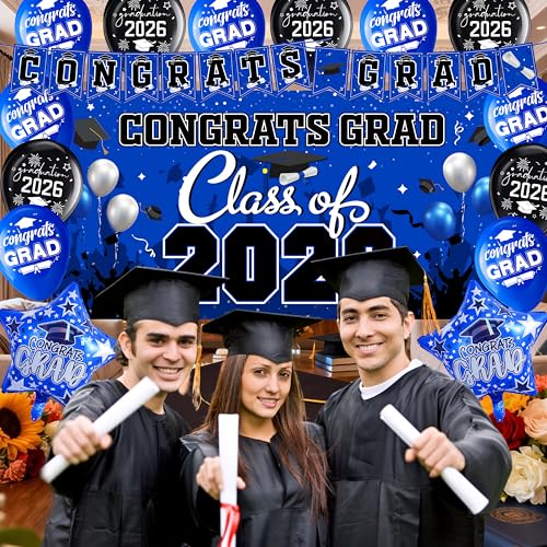 Blue Class of 2026 Graduation Decorations Kit - Backdrop, Swirls, Honeycomb Centerpieces & Balloons