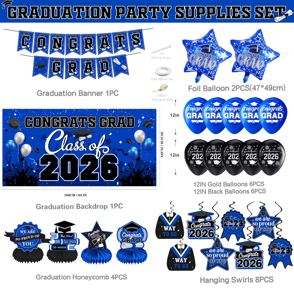Blue Class of 2026 Graduation Decorations Kit - Backdrop, Swirls, Honeycomb Centerpieces & Balloons