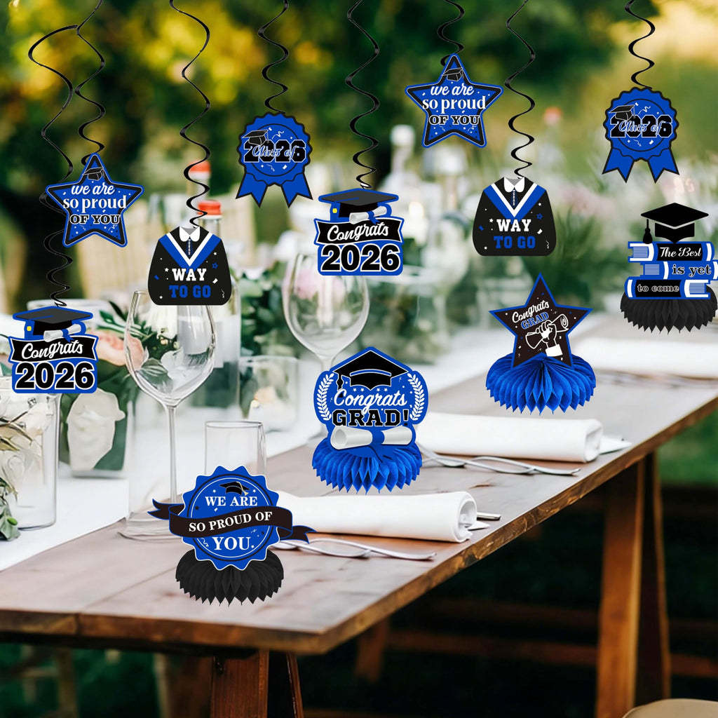 Blue Class of 2026 Graduation Decorations Kit - Backdrop, Swirls, Honeycomb Centerpieces & Balloons