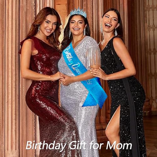 Blue Crystal Tiara and Sash Set for Birthday Queen - VELSCRUN Crown for Women