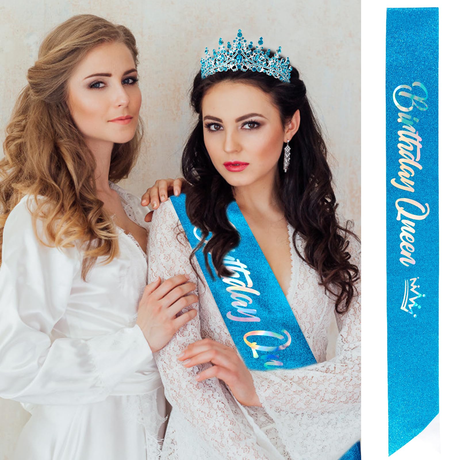 Blue Crystal Tiara and Sash Set for Birthday Queen - VELSCRUN Crown for Women