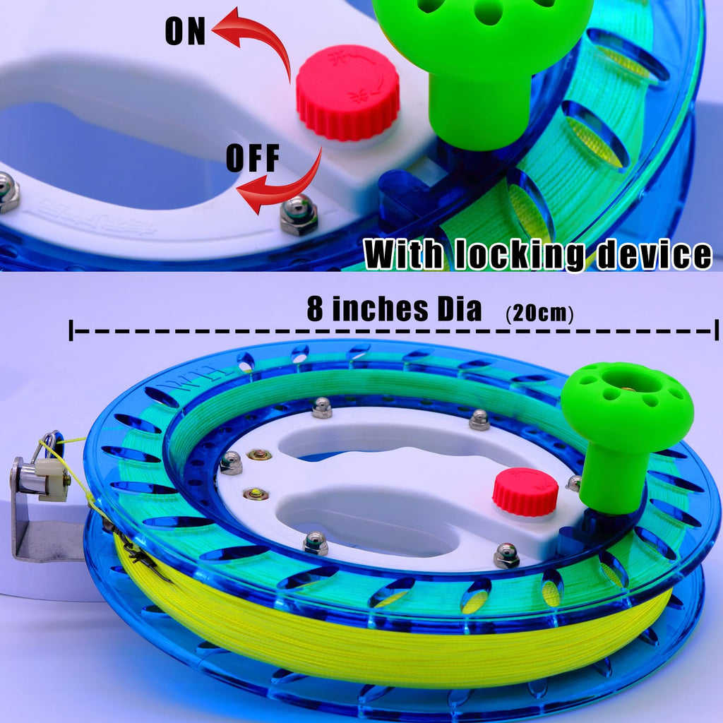 Blue Kite Reel and String Spool - 8-Inch Diameter with 1000 Feet of Line, Safety Lock, and Connectors for Easy Flying