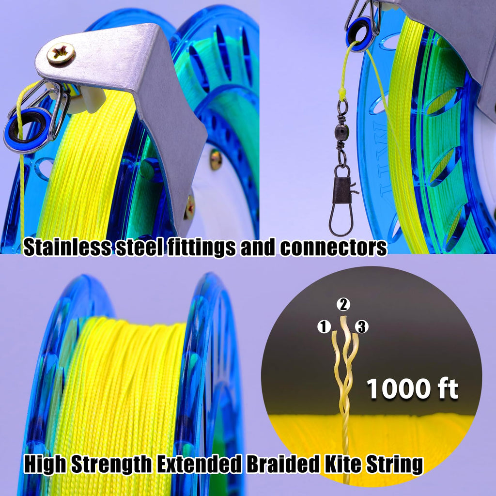 Blue Kite Reel and String Spool - 8-Inch Diameter with 1000 Feet of Line, Safety Lock, and Connectors for Easy Flying