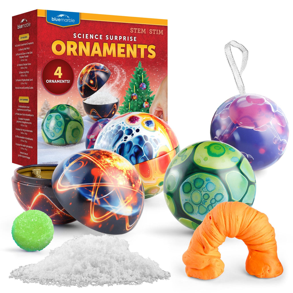 Blue Marble Science Ornament Kit – 4 Christmas Crafts with Hidden Experiments: Bouncy Ball, Instant Snow, Putty, and Hydrophobic Sand