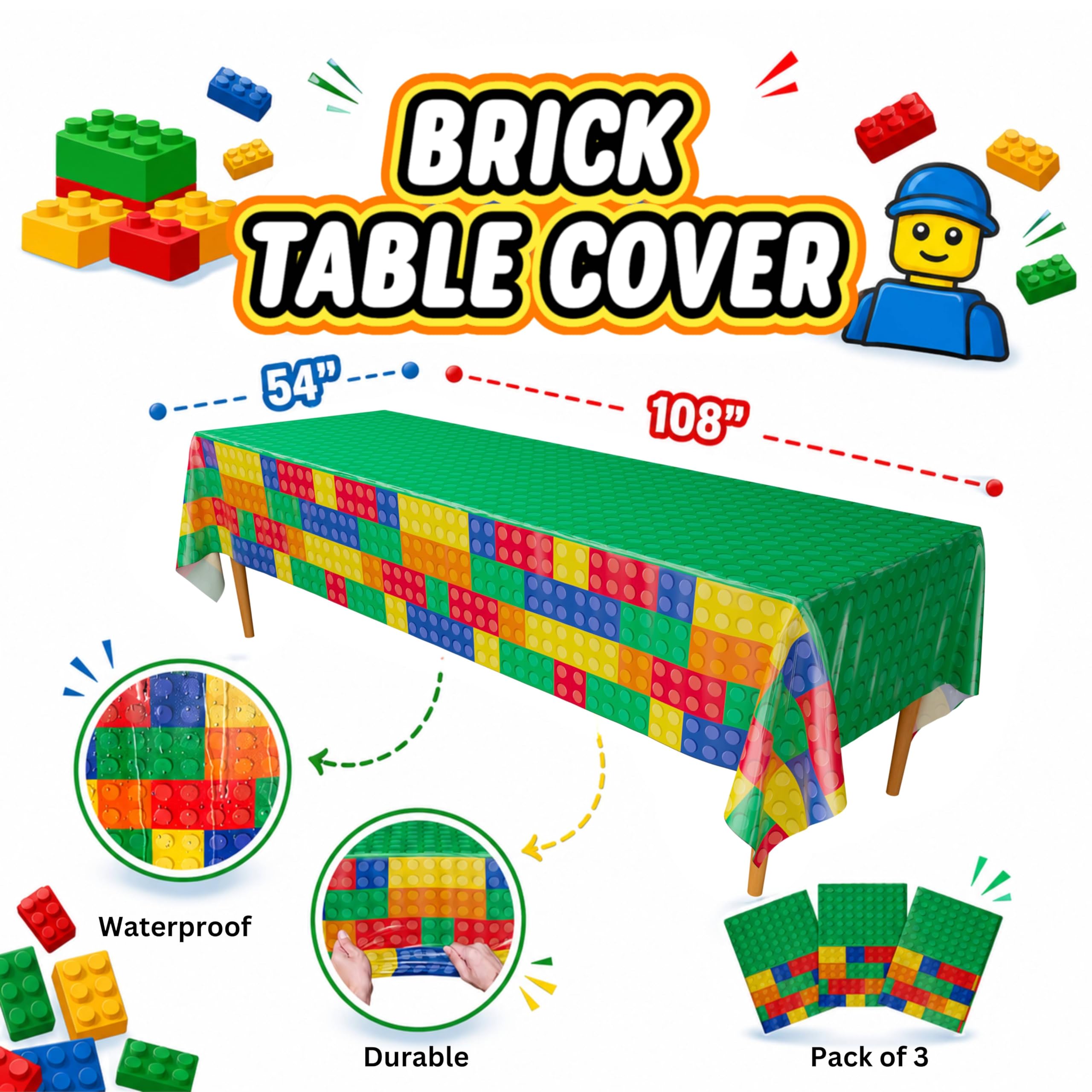 Blue Orchards Brick Table Covers (Pack of 3) – 54"x108" XL Waterproof Plastic Tablecloth for Building Blocks Birthday Parties