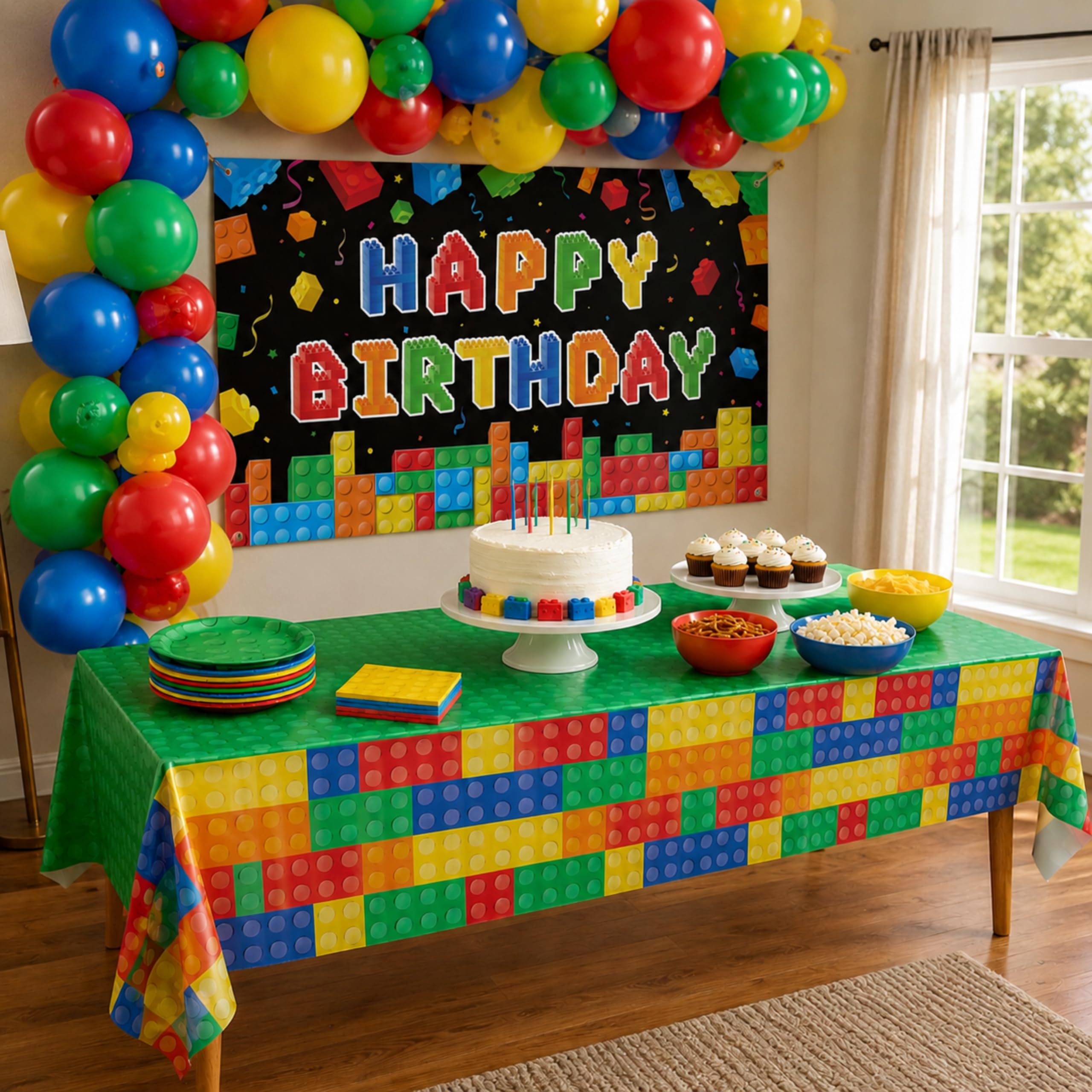 Blue Orchards Brick Table Covers (Pack of 3) – 54"x108" XL Waterproof Plastic Tablecloth for Building Blocks Birthday Parties