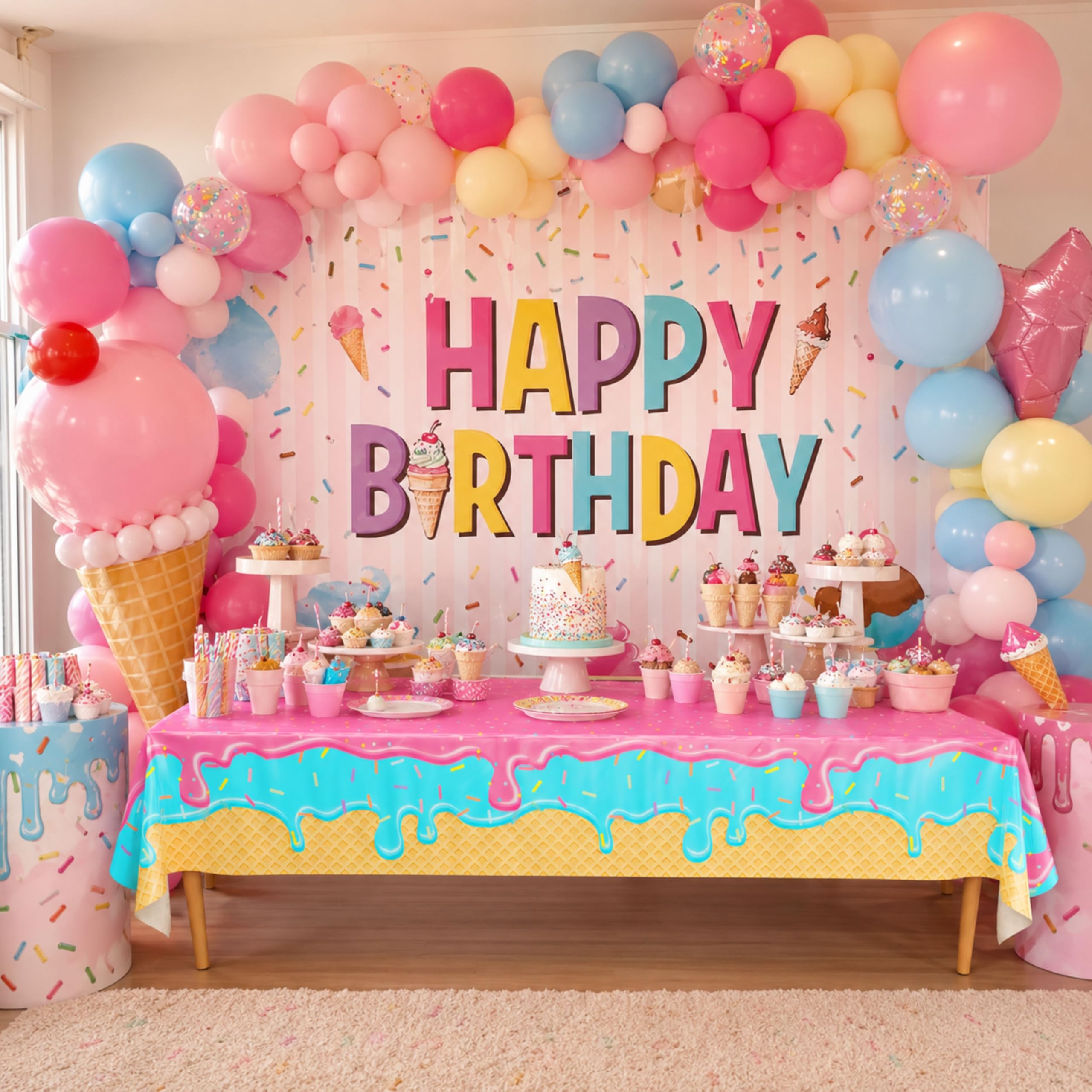 Blue Orchards Ice Cream Table Covers (Pack of 3) – Plastic Disposable Tablecloths for Birthday, Baby Shower, and Summer Parties