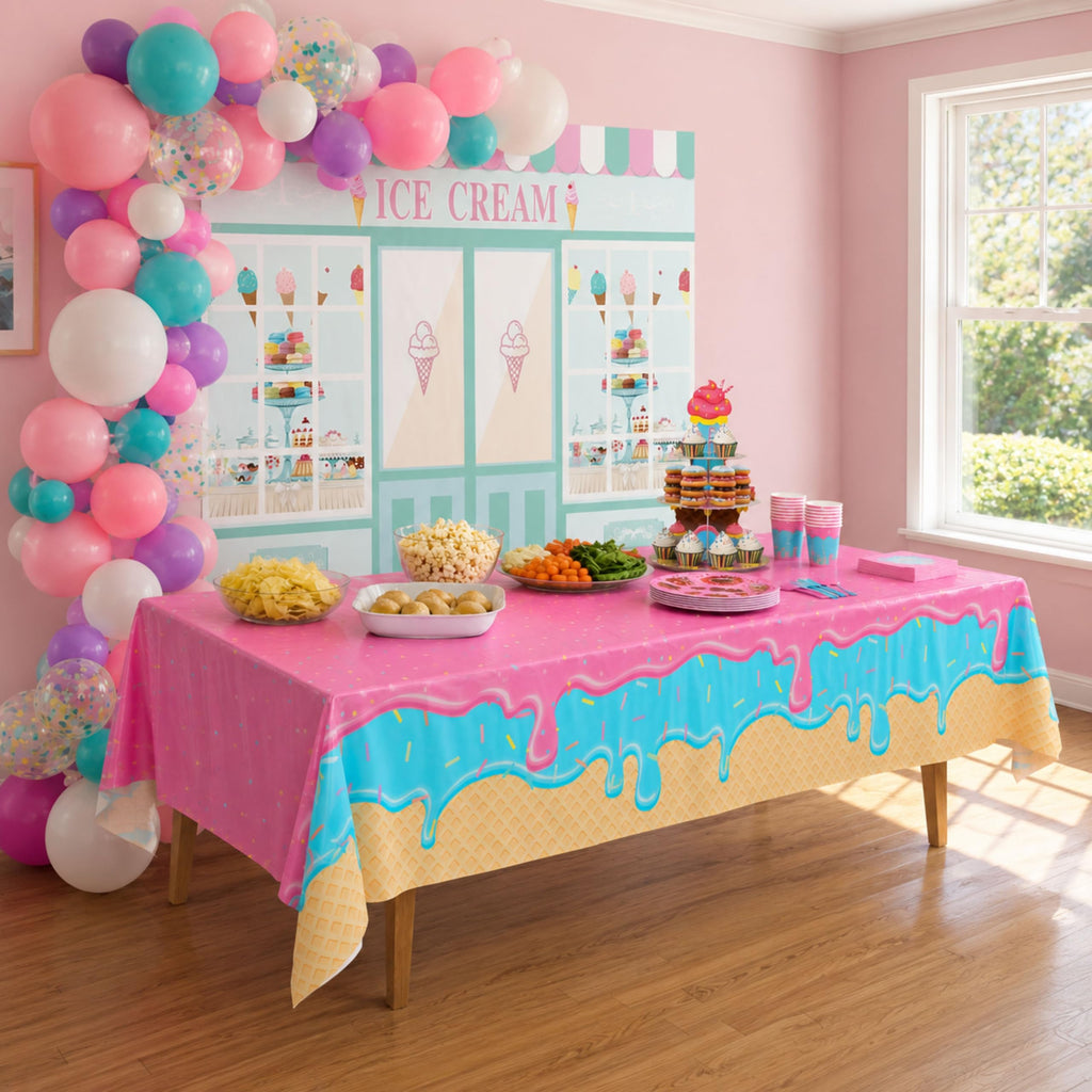 Blue Orchards Ice Cream Table Covers (Pack of 3) – Plastic Disposable Tablecloths for Birthday, Baby Shower, and Summer Parties
