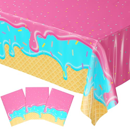 Blue Orchards Ice Cream Table Covers (Pack of 3) – Plastic Disposable Tablecloths for Birthday, Baby Shower, and Summer Parties