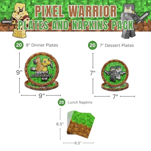 Blue Orchards Pixel Warrior Party Plates & Napkins Set for 20 Guests – 60 Pieces