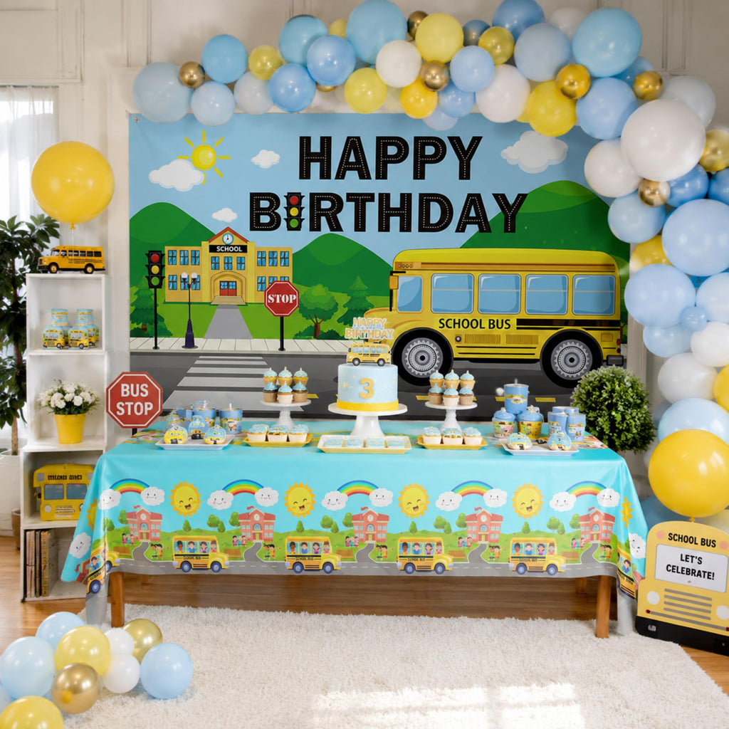 Blue Orchards School Bus Tablecovers (Pack of 3) - 54x108 Inch Plastic Rectangular Tablecloths for School Theme Parties