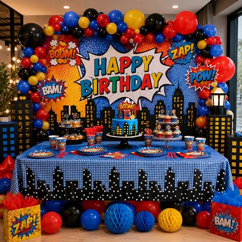 Blue Orchards Superhero Cityscape Table Covers (Pack of 3) - 108x54 Inch Plastic Party Tablecloth