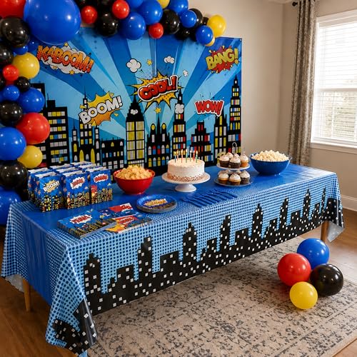 Blue Orchards Superhero Cityscape Table Covers (Pack of 3) - 108x54 Inch Plastic Party Tablecloth