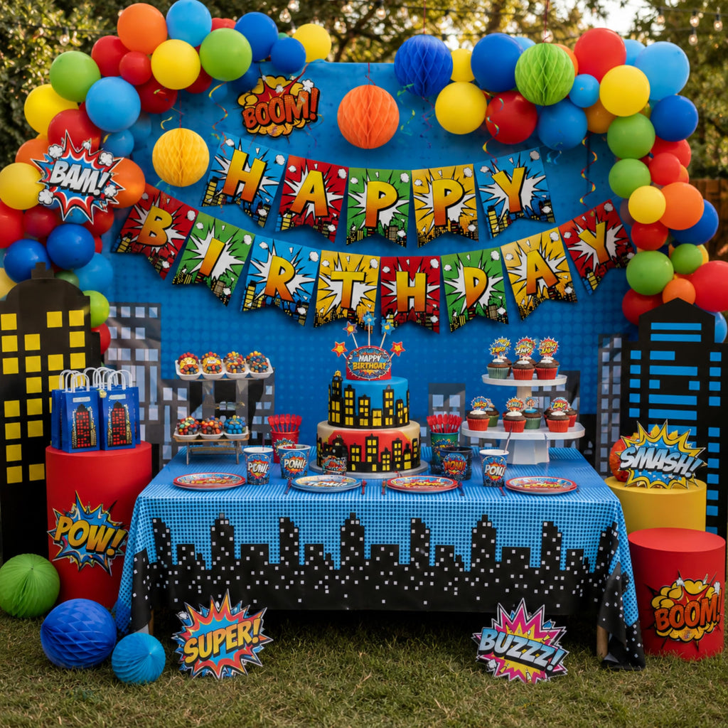 Blue Orchards Superhero Cityscape Table Covers (Pack of 3) - 108x54 Inch Plastic Party Tablecloth