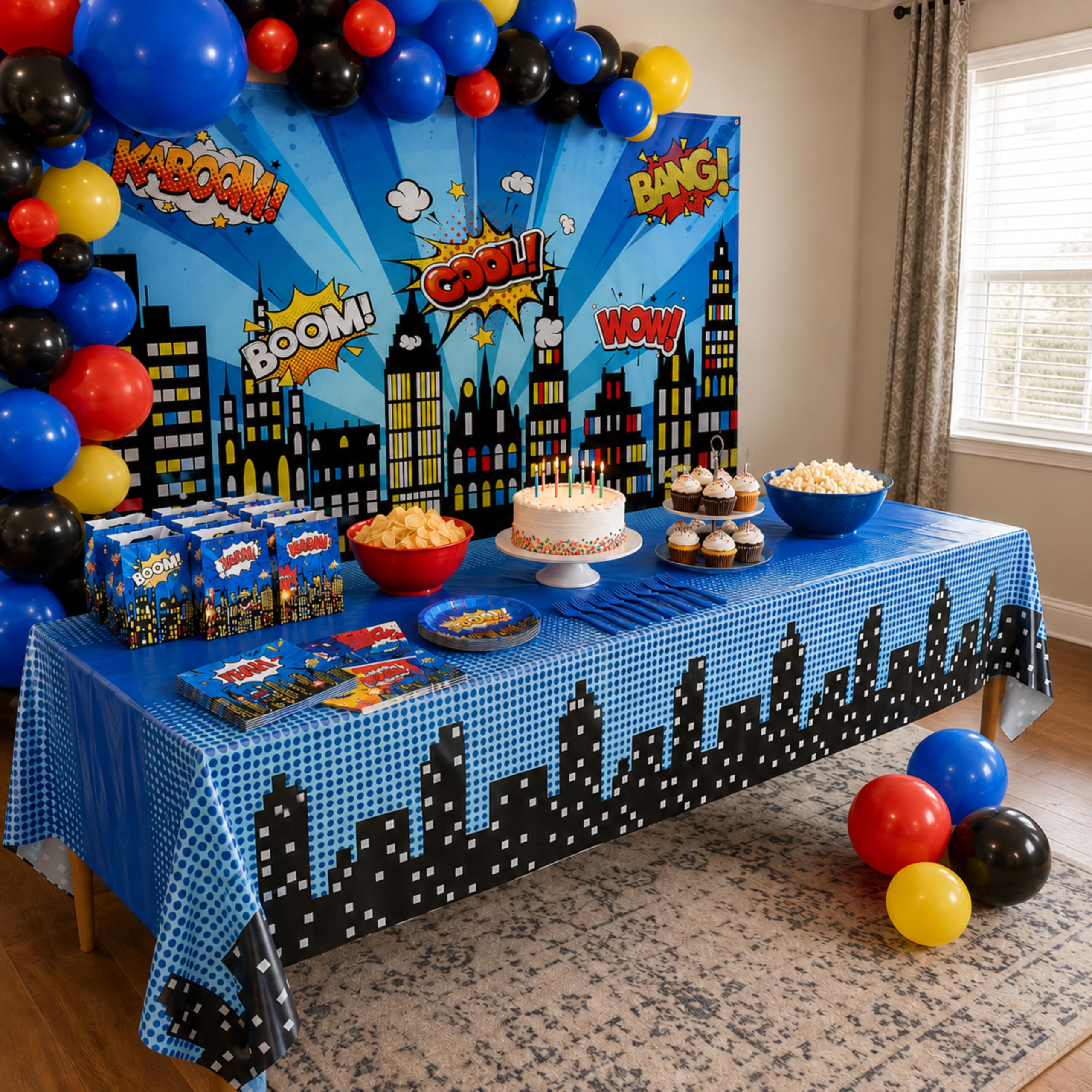 Blue Orchards Superhero Cityscape Table Covers (Pack of 3) - 108x54 Inch Plastic Party Tablecloth