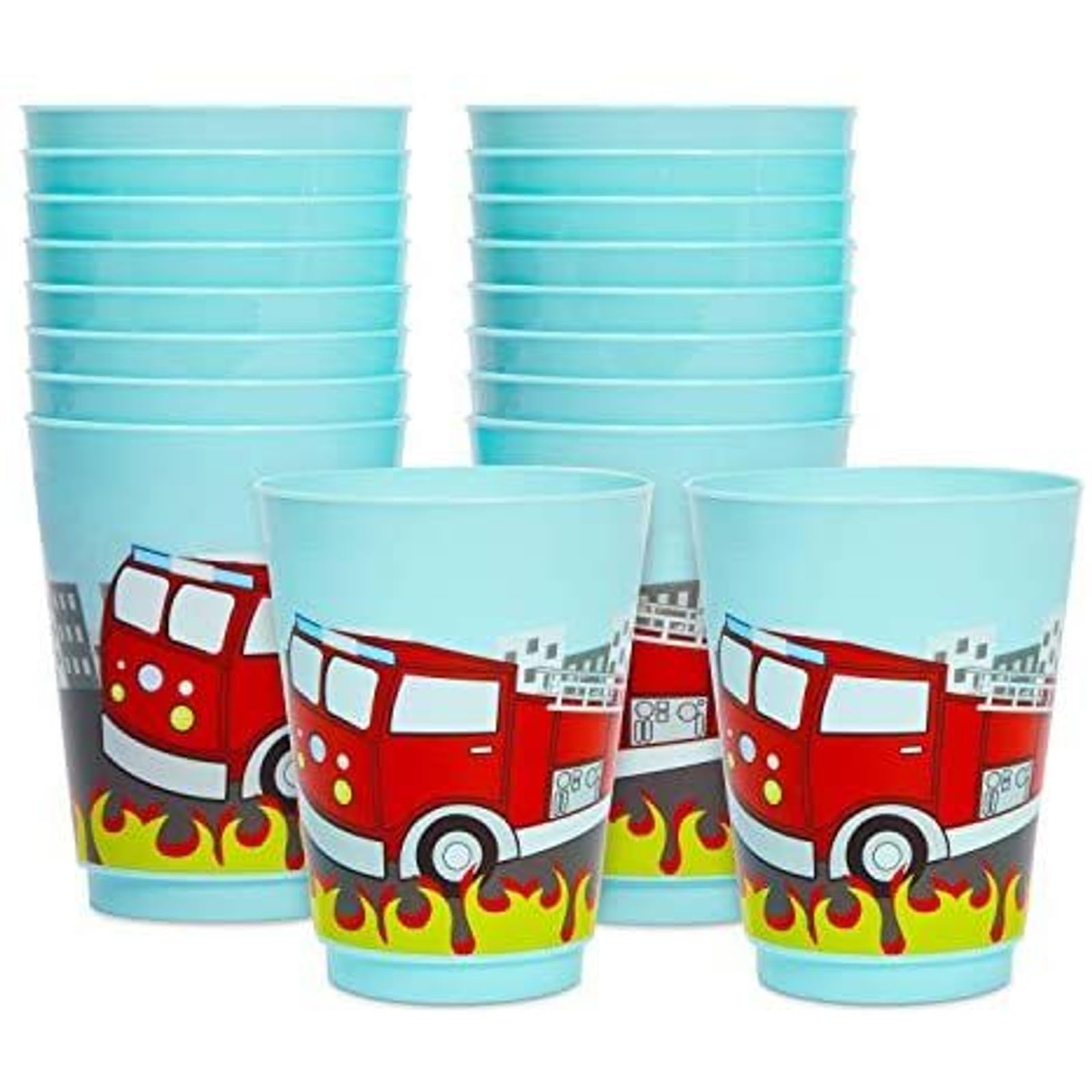 BLUE PANDA Plastic Fire Truck Cups - 16 oz, Pack of 16, Reusable Kids Party Cups