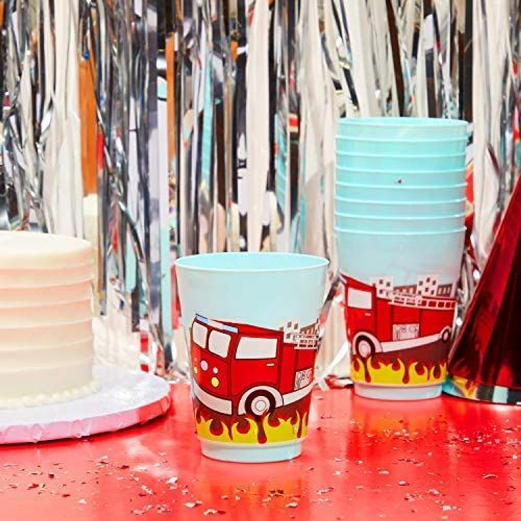 BLUE PANDA Plastic Fire Truck Cups - 16 oz, Pack of 16, Reusable Kids Party Cups