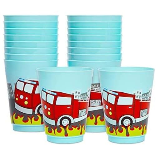 BLUE PANDA Plastic Fire Truck Cups - 16 oz, Pack of 16, Reusable Kids Party Cups