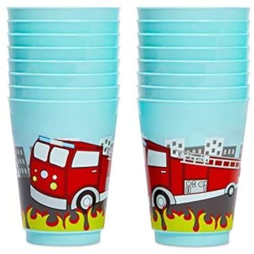 BLUE PANDA Plastic Fire Truck Cups - 16 oz, Pack of 16, Reusable Kids Party Cups