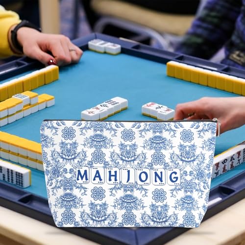 Blue Printed Zippered Mahjong Tiles Bag, 13x7.8 Inch, for 1.2 Inch Standard American Tiles (Case Only)